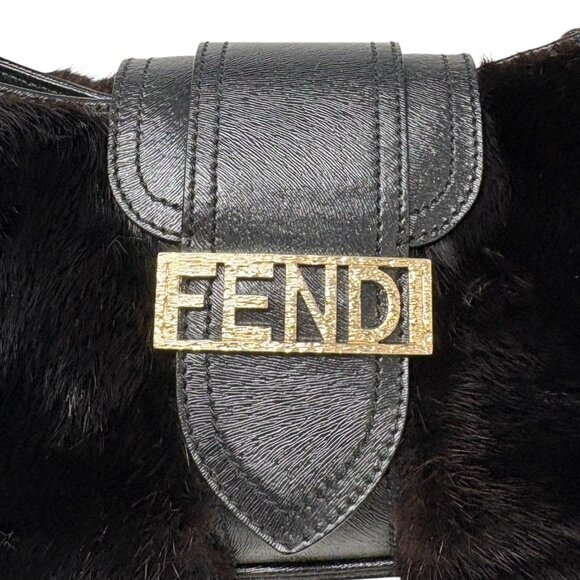 FENDI Vintage Logo Fur Baguette Mini Shoulder Bag Handbag Black Gold [106345] - Picture 10 of 13